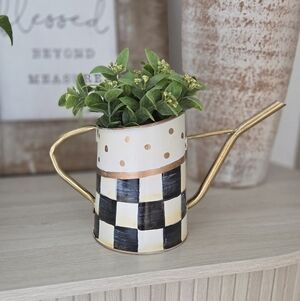 NewHand-Painted Checkered Watering Can Planter - Black & Cream with Gold Accents